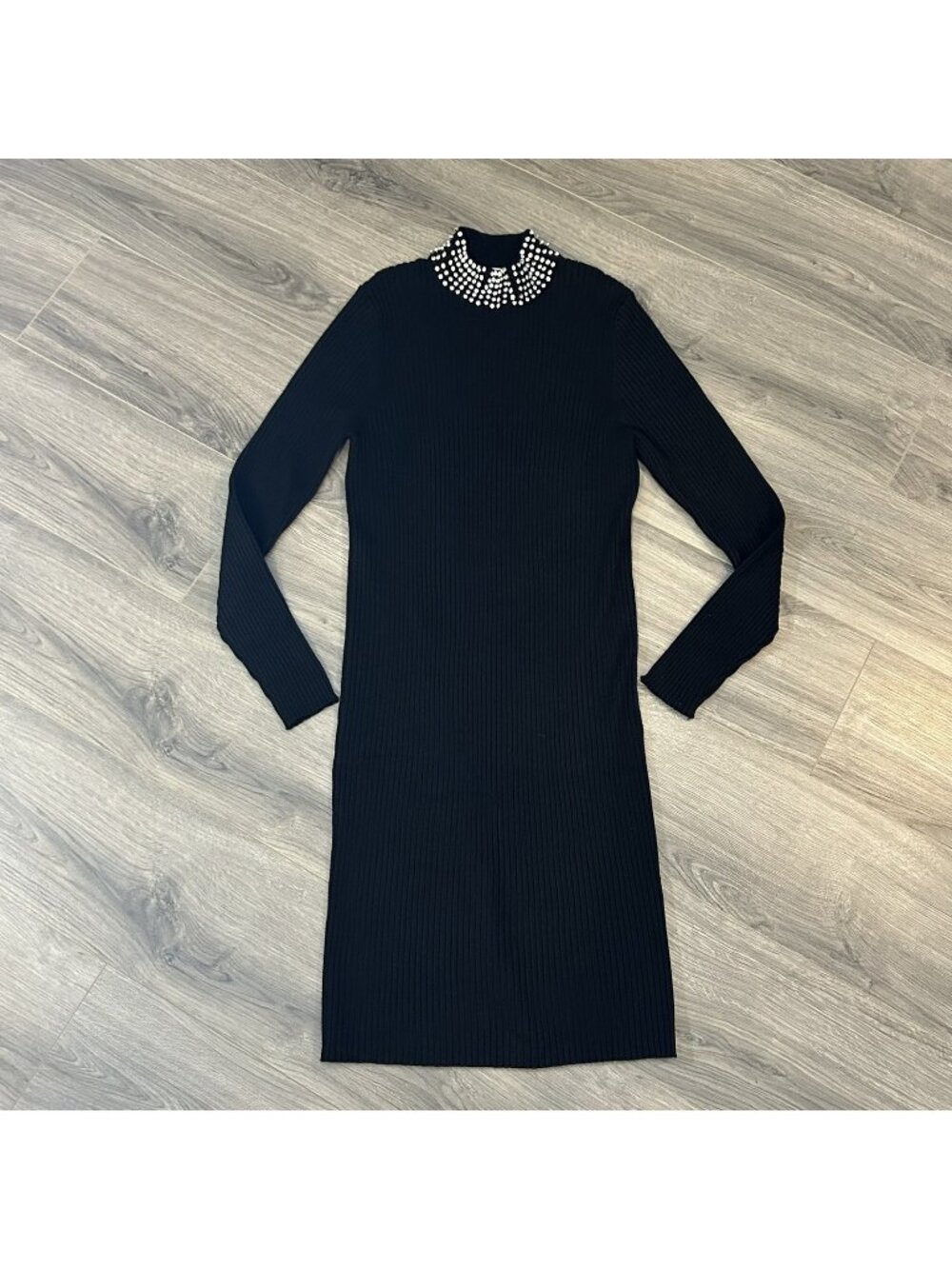 Elie Tahari Sweater Dress Womens XL Black Ribbed Rhinestone Cashmere Knit Party